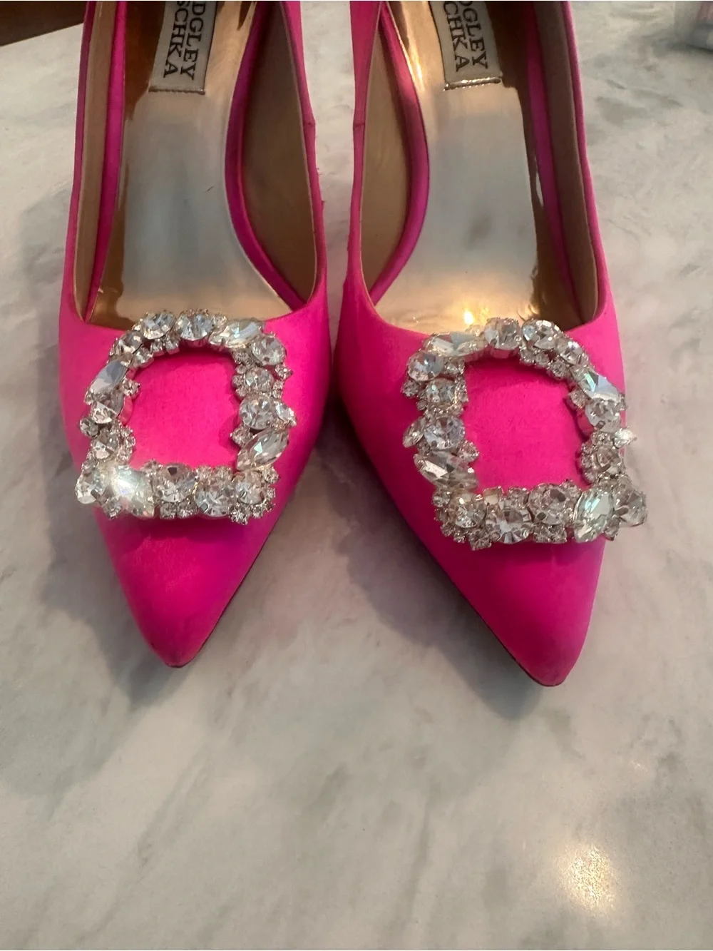 Badgley Mischka Hot Pink Crystal-Embellished Pointed Toe Pumps - Picture 2 of 12